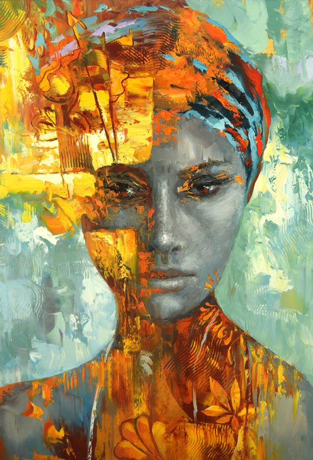 Contemporary female portrait painting with soft colors