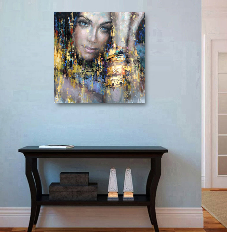 Female portrait painting displayed in modern home interior