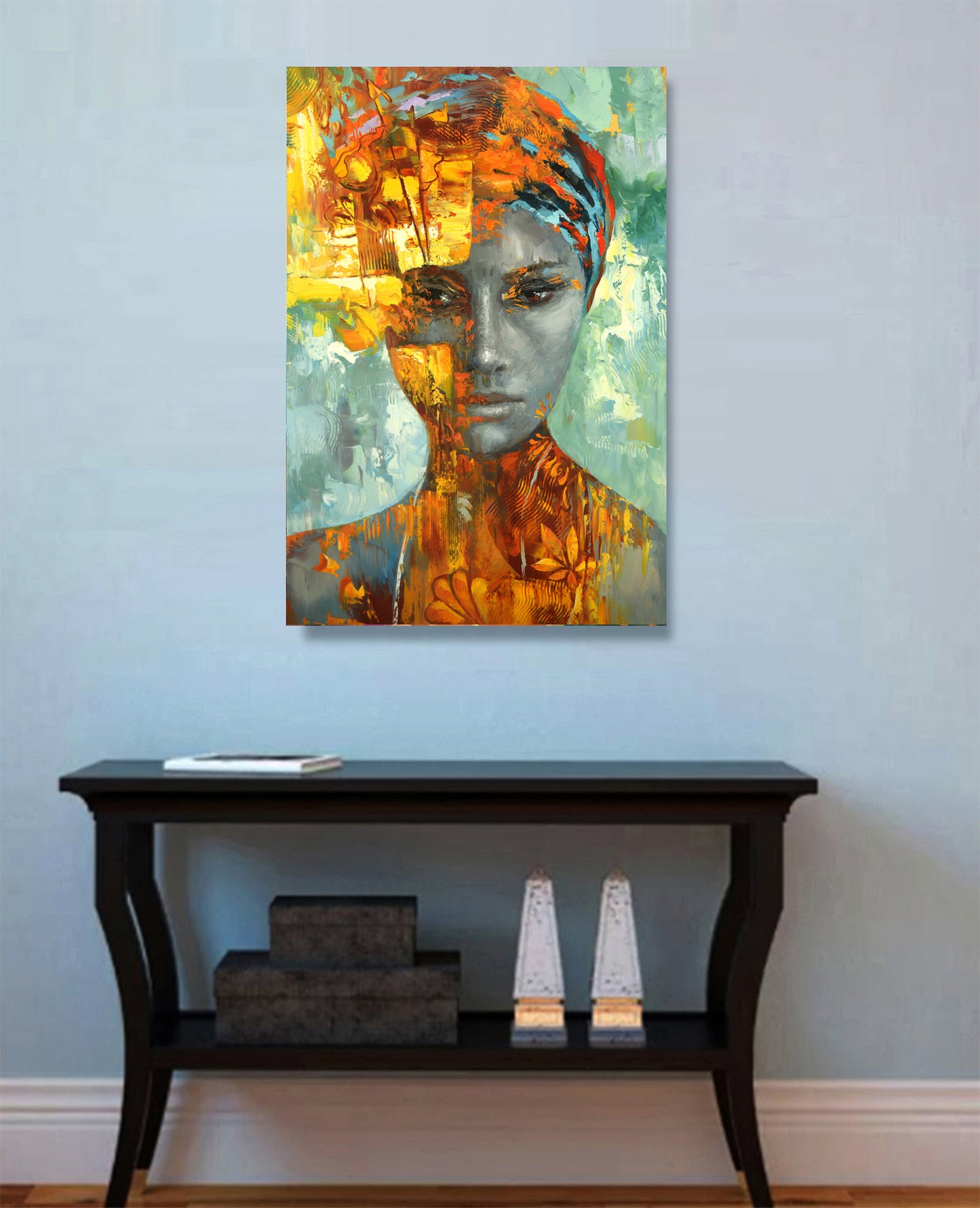 Female portrait painting displayed in modern home interior
