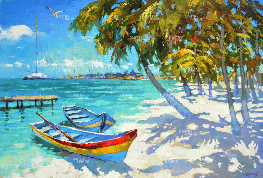 Fishing boats by the shore painting with calm water and coastal scene