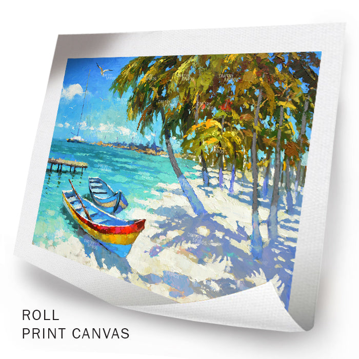 Unframed fishing boats painting showing boats near the shore