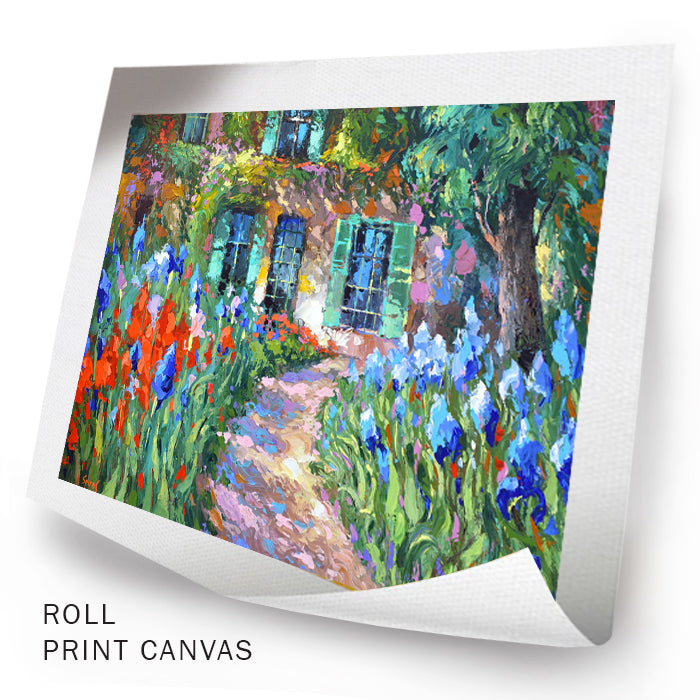 Irises Near the House – Garden path painting in ornamental expressionism style by Dmitry Spiros, hand-finished texture
