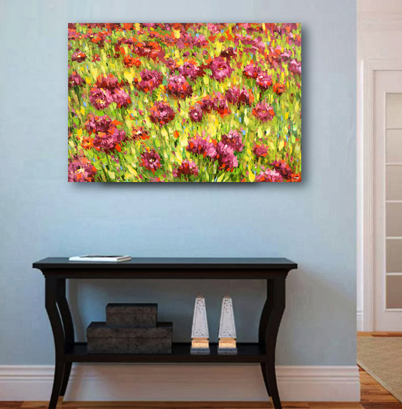 Floral landscape wall art with blooming flower field painting