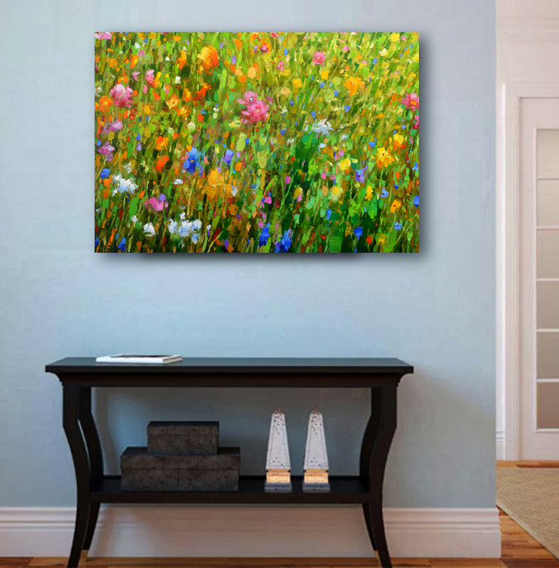 Floral wall art with wildflower field painting in home decor