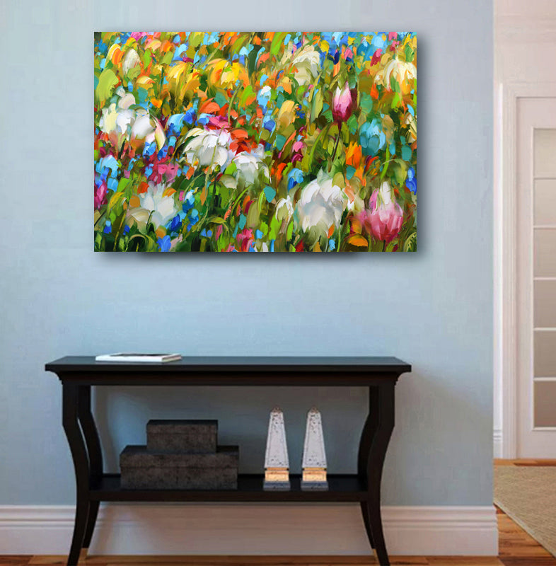 Abstract floral meadow wall art displayed in home interior