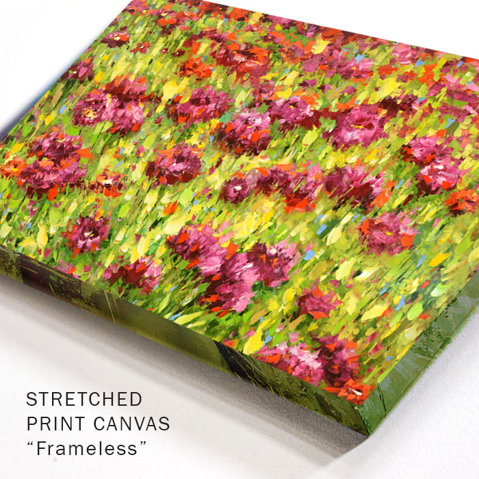 Close-up canvas texture of blooming flower field painting