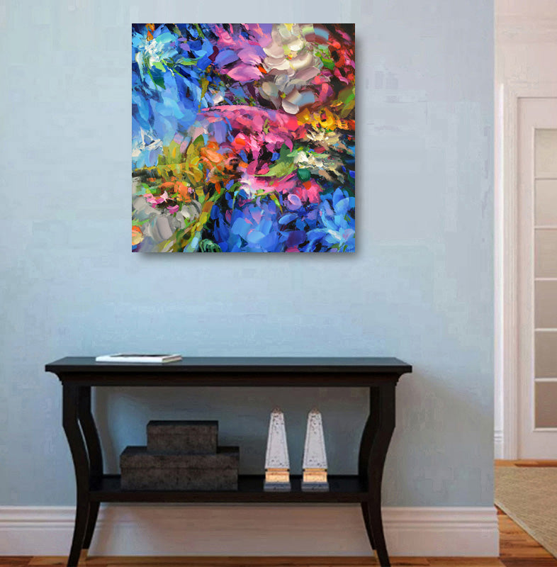 Expressive floral wall art displayed in a modern interior, adding color, warmth, and artistic energy