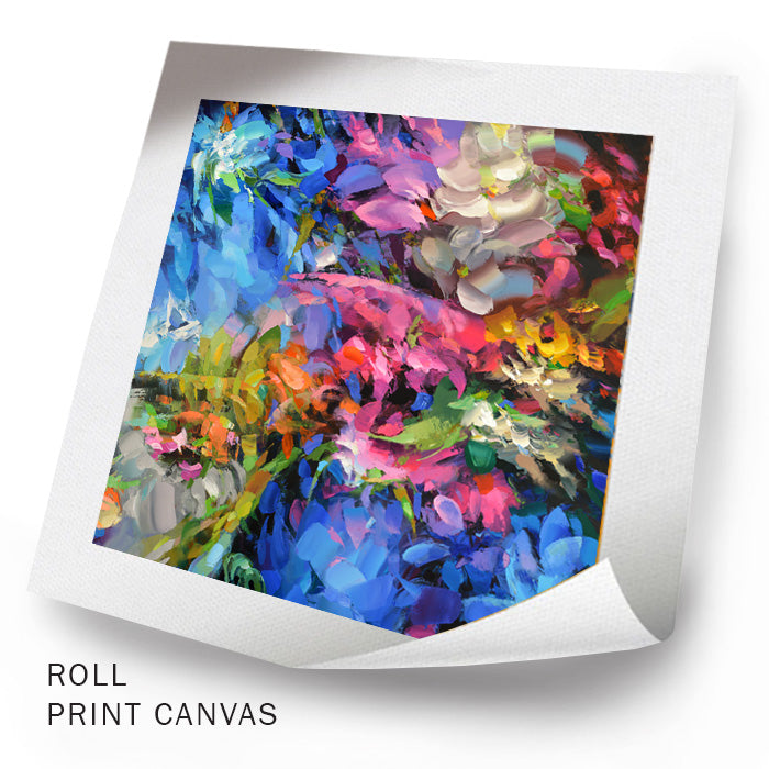 Unframed floral canvas artwork showing layered paint, rich color tones, and expressive floral movement