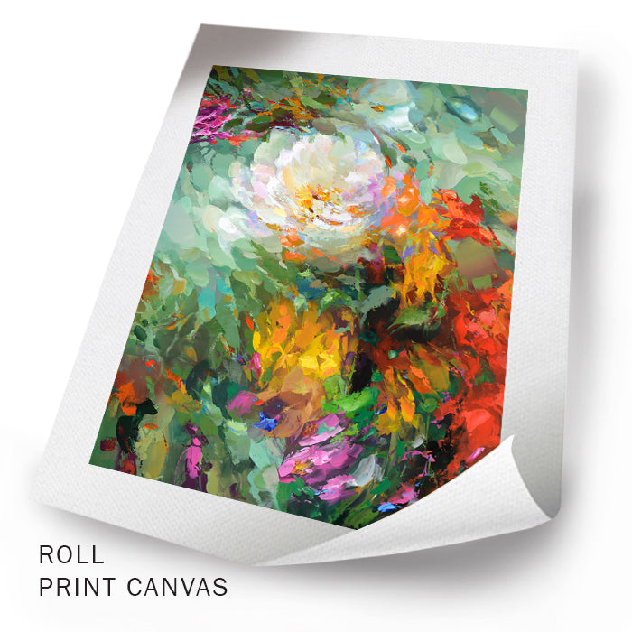 Unframed floral canvas artwork showing textured paint, vibrant tones, and an expressive flower composition