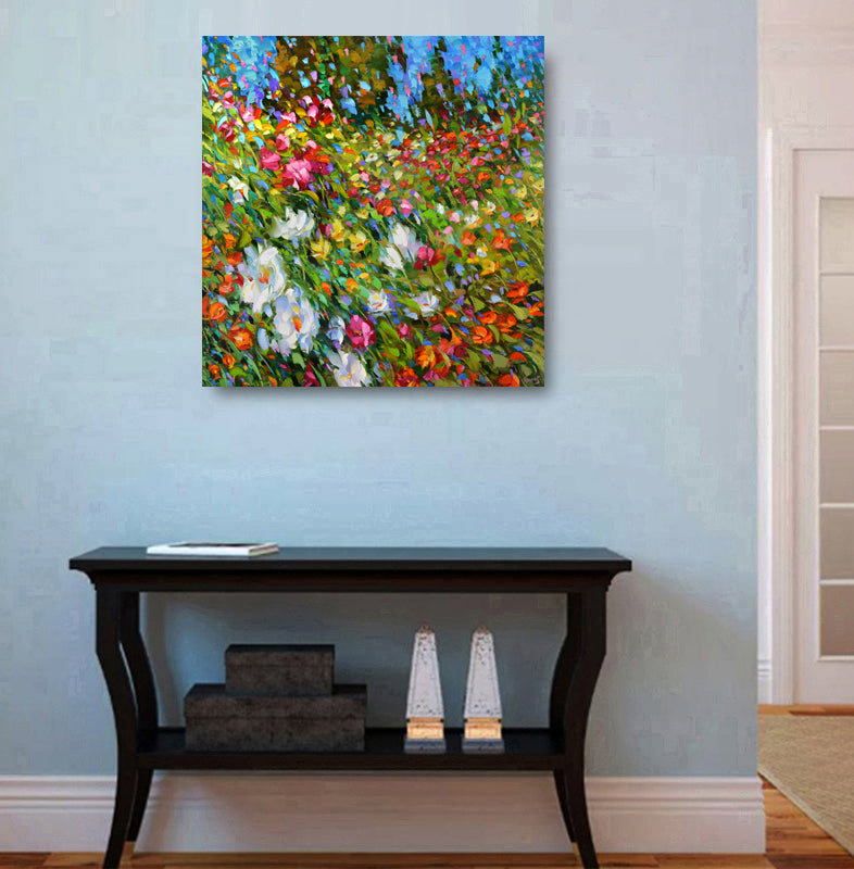 Flowery meadow landscape painting with wildflowers, open fields, and soft natural light creating a peaceful countryside scene