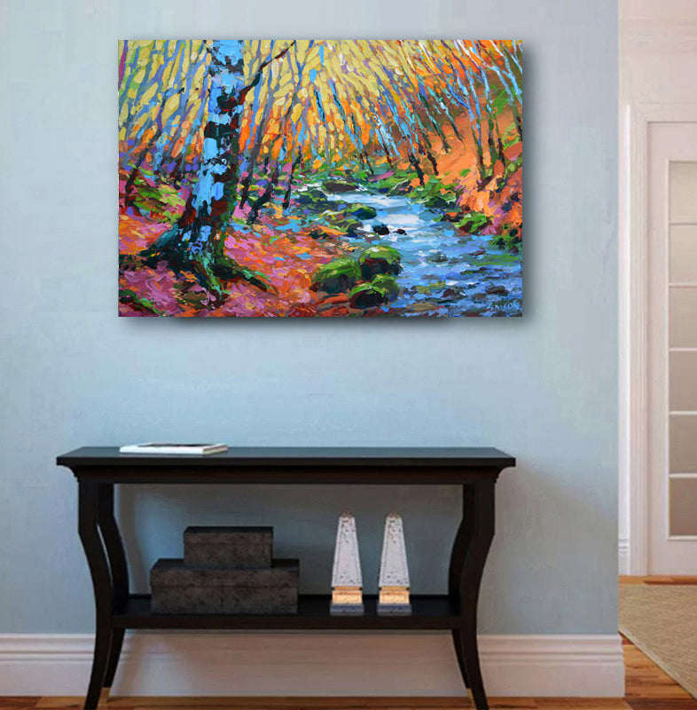 Forest stream landscape painting featuring a gentle river flowing through a lush forest with natural light and calm atmosphere