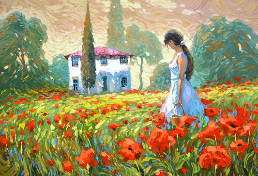 Landscape with a girl and poppies Toscany Italian