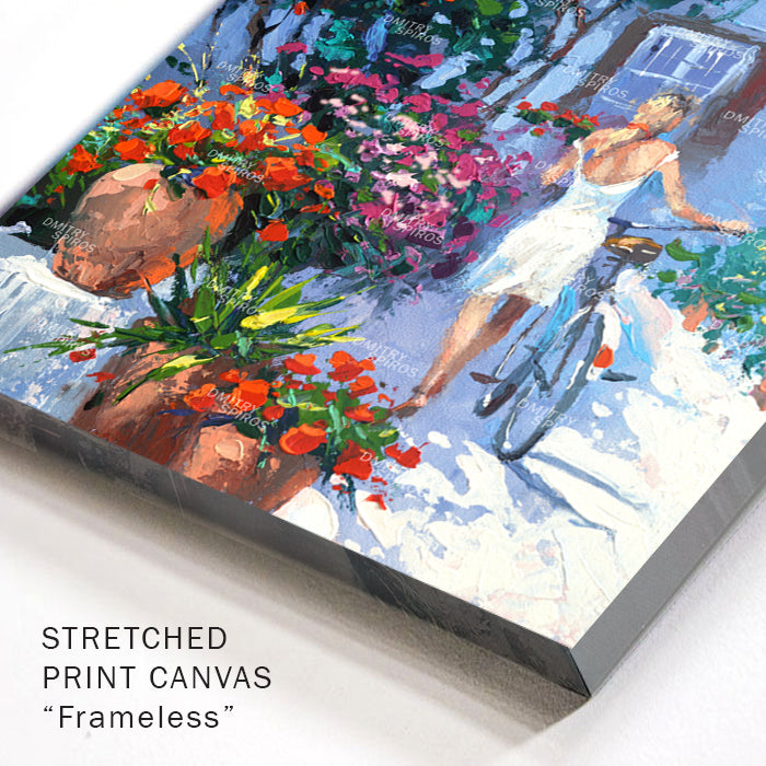 Hand-finished canvas art Girl with a Bike close-up of acrylic texture