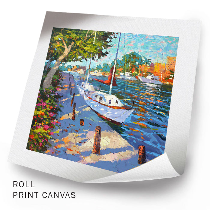 Unframed tropical harbor evening painting with warm light