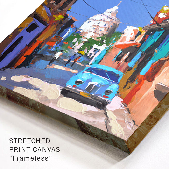 Corner detail of Havana cityscape painting with warm colors