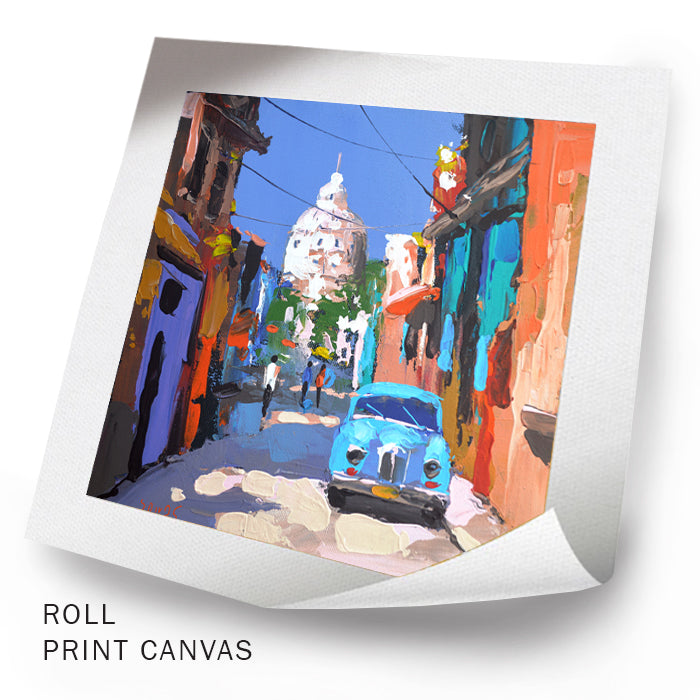 Unframed Havana street painting with classic city architecture