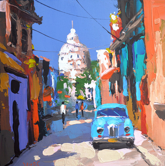 Cityscape painting of old Havana street with colorful buildings