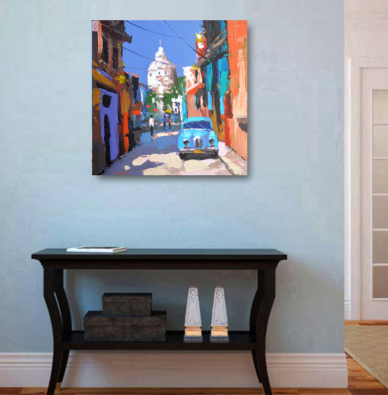Old Havana cityscape painting displayed in modern home interior