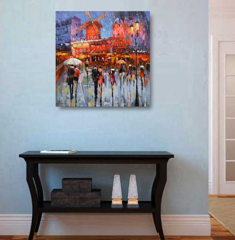 Impressionist Moulin Rouge Paris cityscape with glowing lights and romantic evening mood
