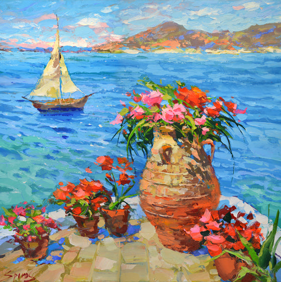 Seascape boat with flowers painting