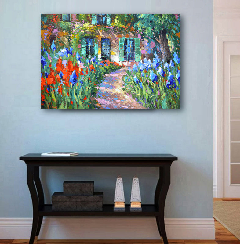 Irises Near the House – Garden path painting in ornamental expressionism style by Dmitry Spiros, hand-finished texture