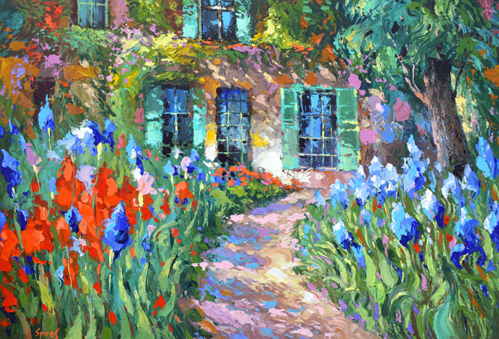 Irises Near the House – Garden path painting in ornamental expressionism style by Dmitry Spiros, hand-finished texture