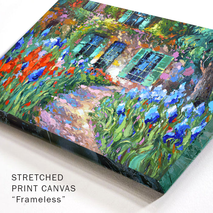 Irises Near the House – Garden path painting in ornamental expressionism style by Dmitry Spiros, hand-finished texture