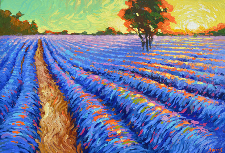 Lavender field is an original impressionist poppy field painting by contemporary artist Dmitry Spiros.