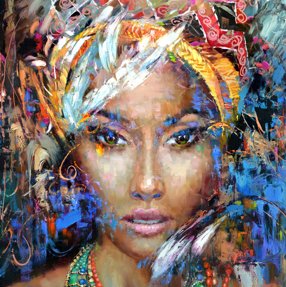 Modern woman portrait painting with soft colors and calm mood