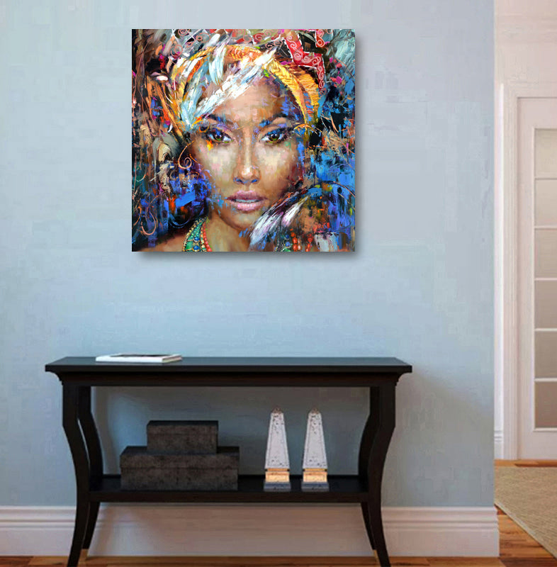 Woman portrait painting displayed in modern home interior