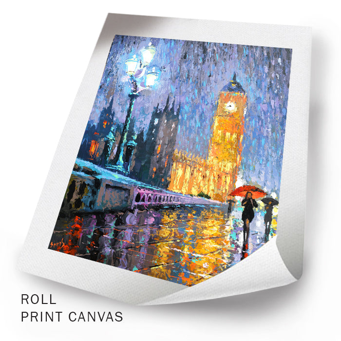 Unframed rainy London night city painting