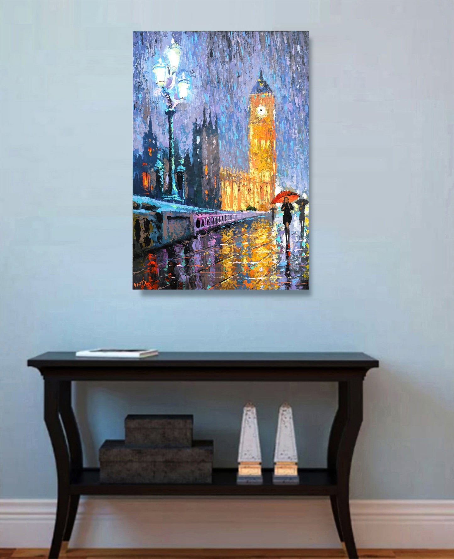 Rainy London night painting displayed in modern interior