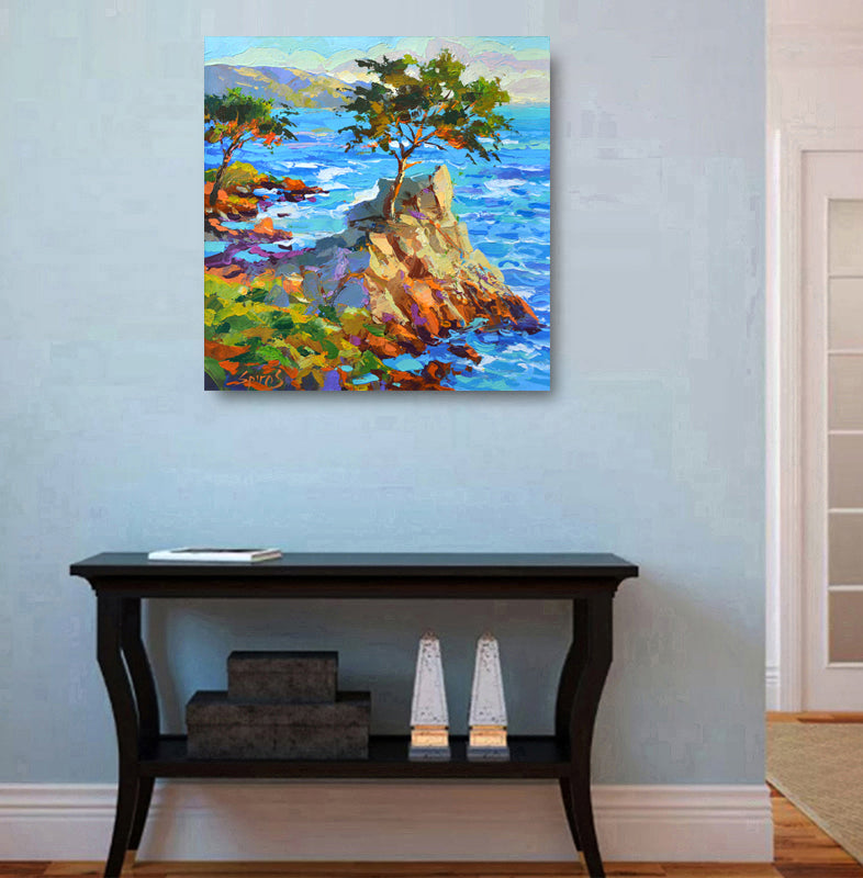 Landscape painting featuring a solitary cypress tree, open horizon, calm atmosphere, and minimalist natural scenery