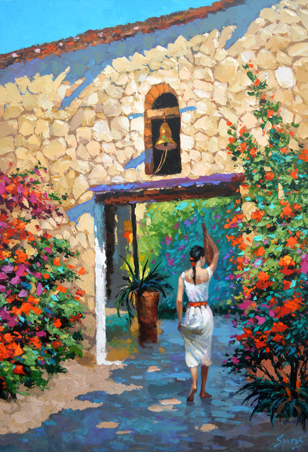 Painting of Mexican woman holding a clay jug in traditional setting