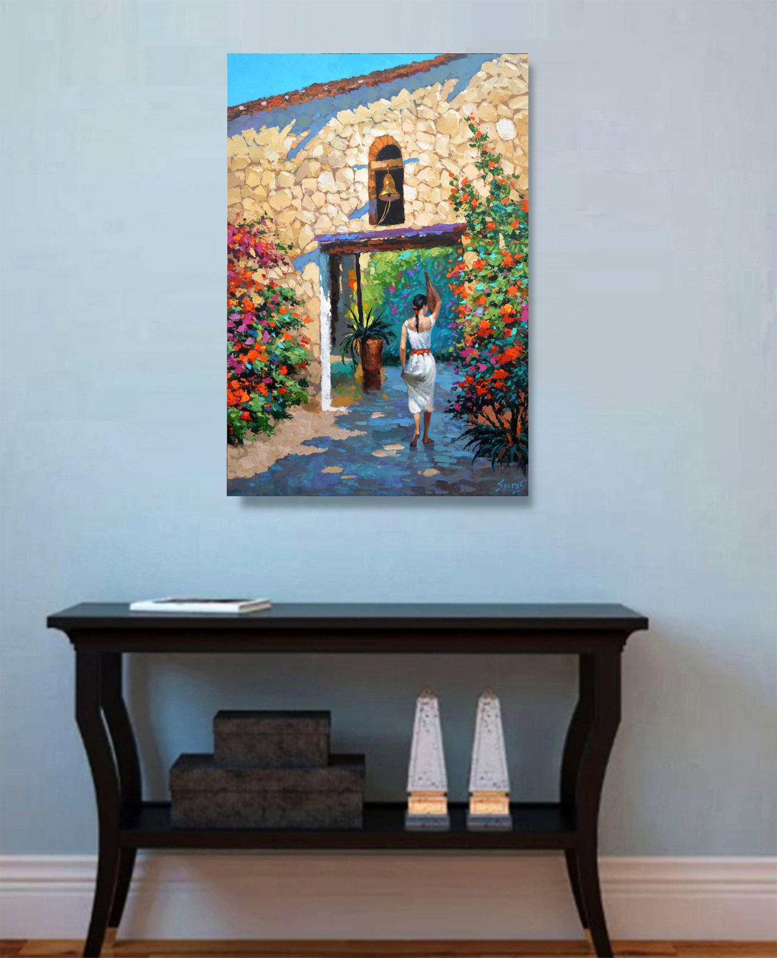 Mexican woman painting displayed in rustic home interior