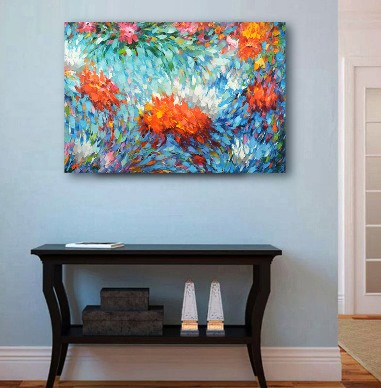 Modern floral wall art with blue abstract flower painting