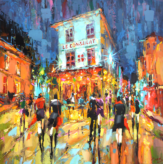 Montmartre Paris night cityscape painting with glowing street lights, cafés, and romantic atmosphere