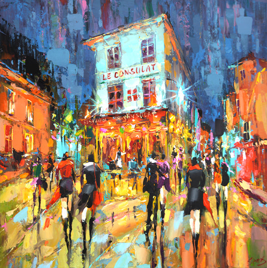Montmartre Paris night cityscape painting with glowing street lights, cafés, and romantic atmosphere