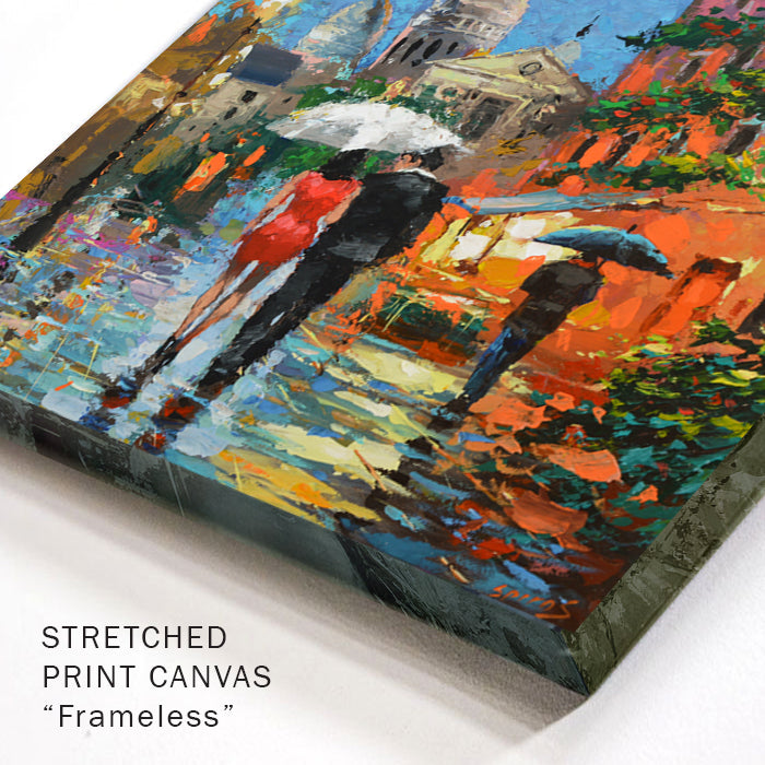 Montmartre painting with rain and pedistrian in impressionist style