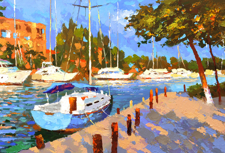 Morning canal painting with boats and soft sunrise light