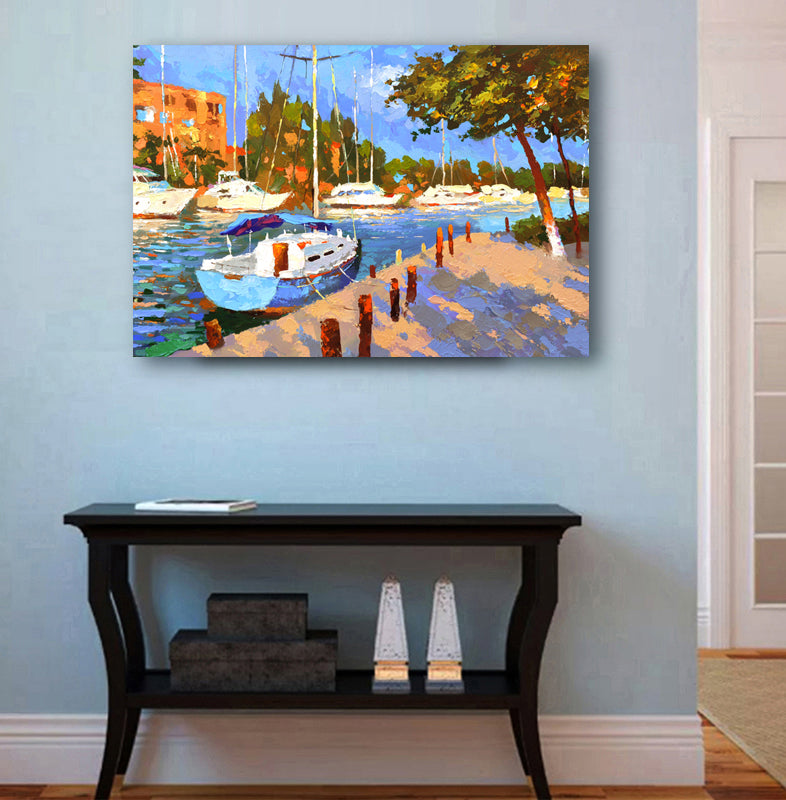 Morning canal boats painting displayed in home interior