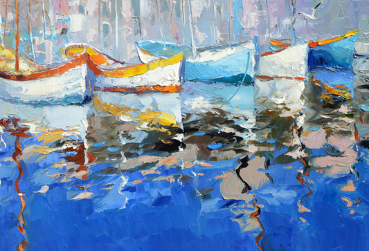 boats city scene on the water painting