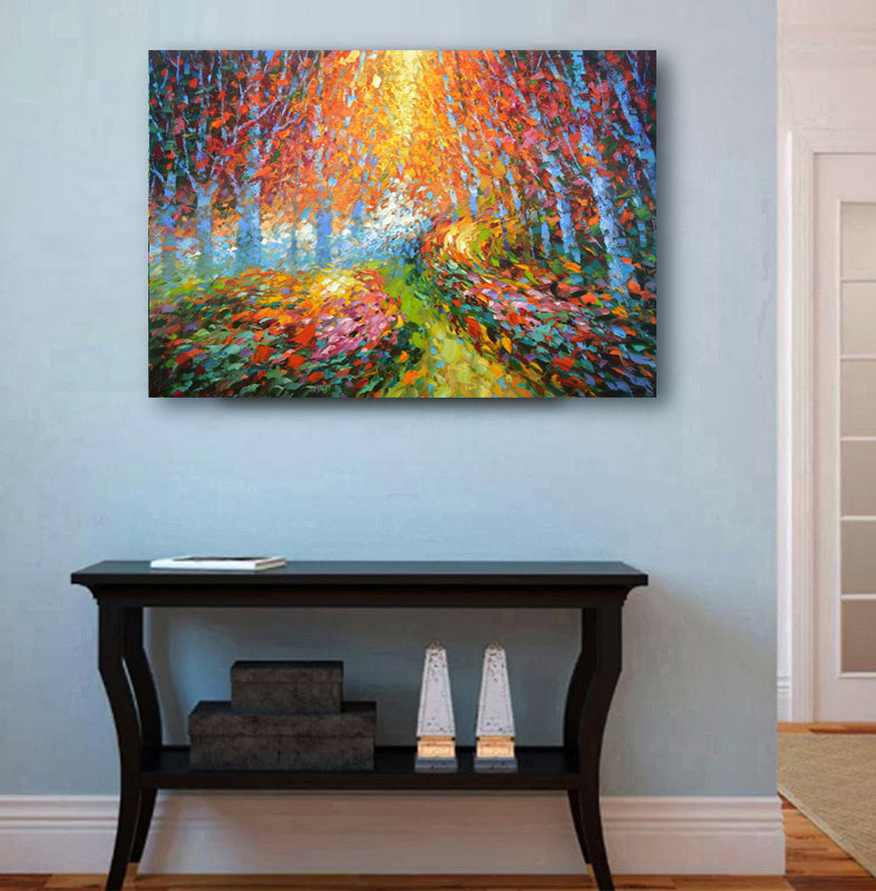 Textured forest landscape painting with mosaic-style composition, expressive trees, layered colors, and dynamic visual rhythm