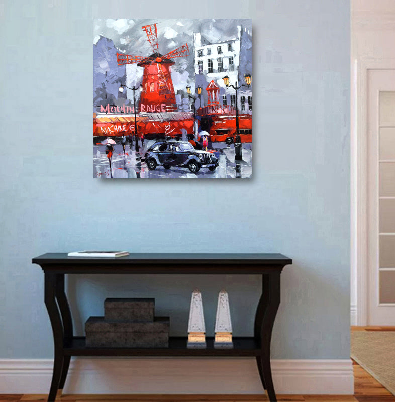 Moulin Rouge Paris painting with iconic red windmill in Montmartre at night