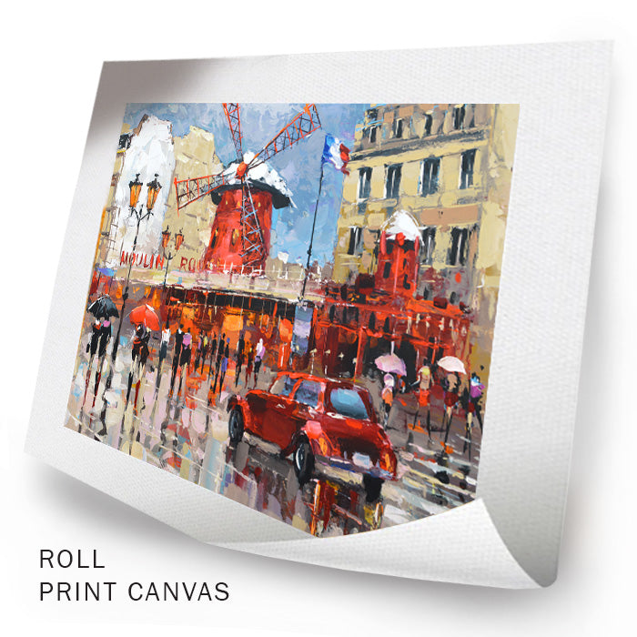 Moulin Rouge Paris painting with iconic red windmill in Montmartre at night