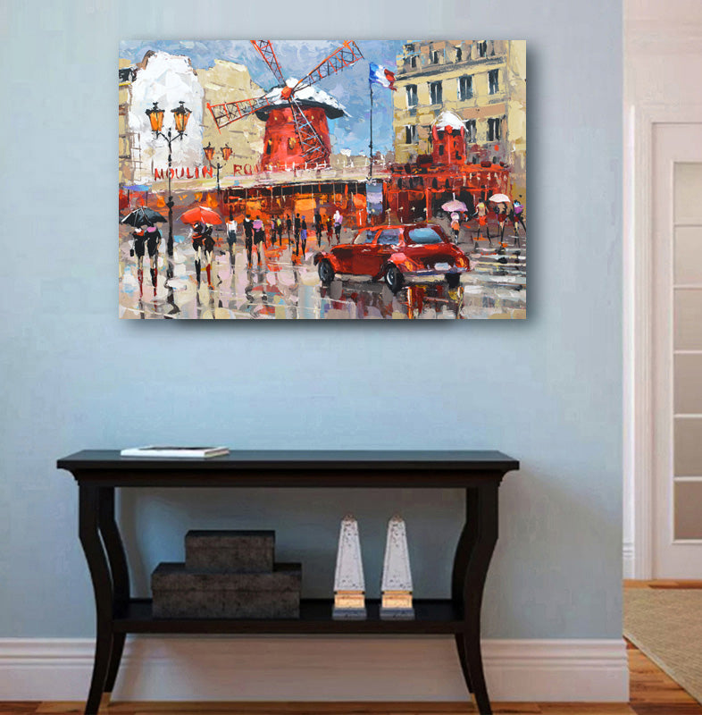 Moulin Rouge Paris painting with iconic red windmill in Montmartre at night