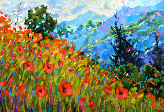 Colorful mountain meadow with red wildflowers, green grasses, and blue hills under a bright sky, painted in an expressive impressionist style.