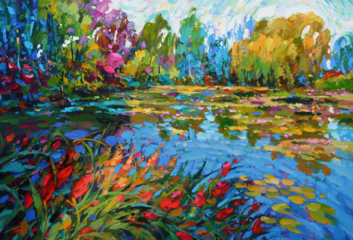 Colorful landscape painting of a mountain river surrounded by lush vegetation and trees, with reflections on the water and expressive brushstrokes