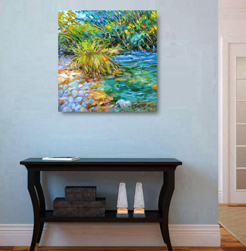 Mountain river landscape painting inspired by Chiapas, Mexico, featuring lush greenery, flowing water, and tropical scenery