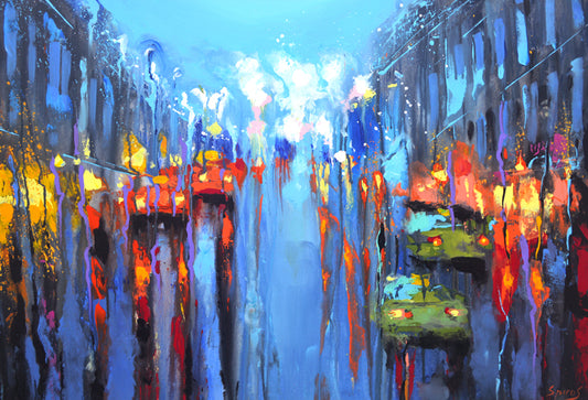 Abstract city painting with neon lights on a rainy night street